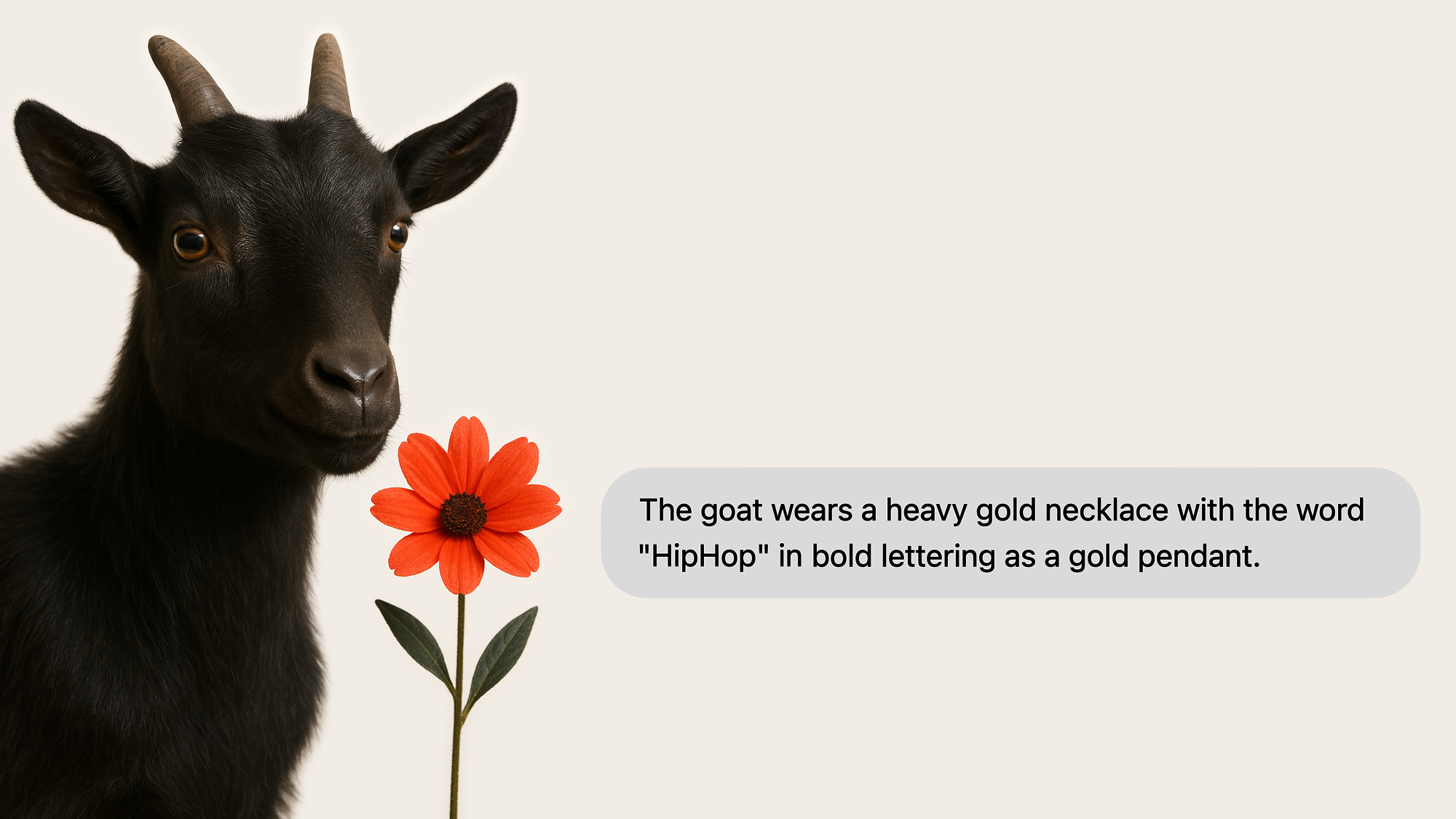 Schwarze Ziege riecht an einer roten Blüte, daneben eine Sprechblase mit dem Text “The goat wears a heavy gold necklace with the word ‘HipHop’ in bold lettering as a gold pendant.”