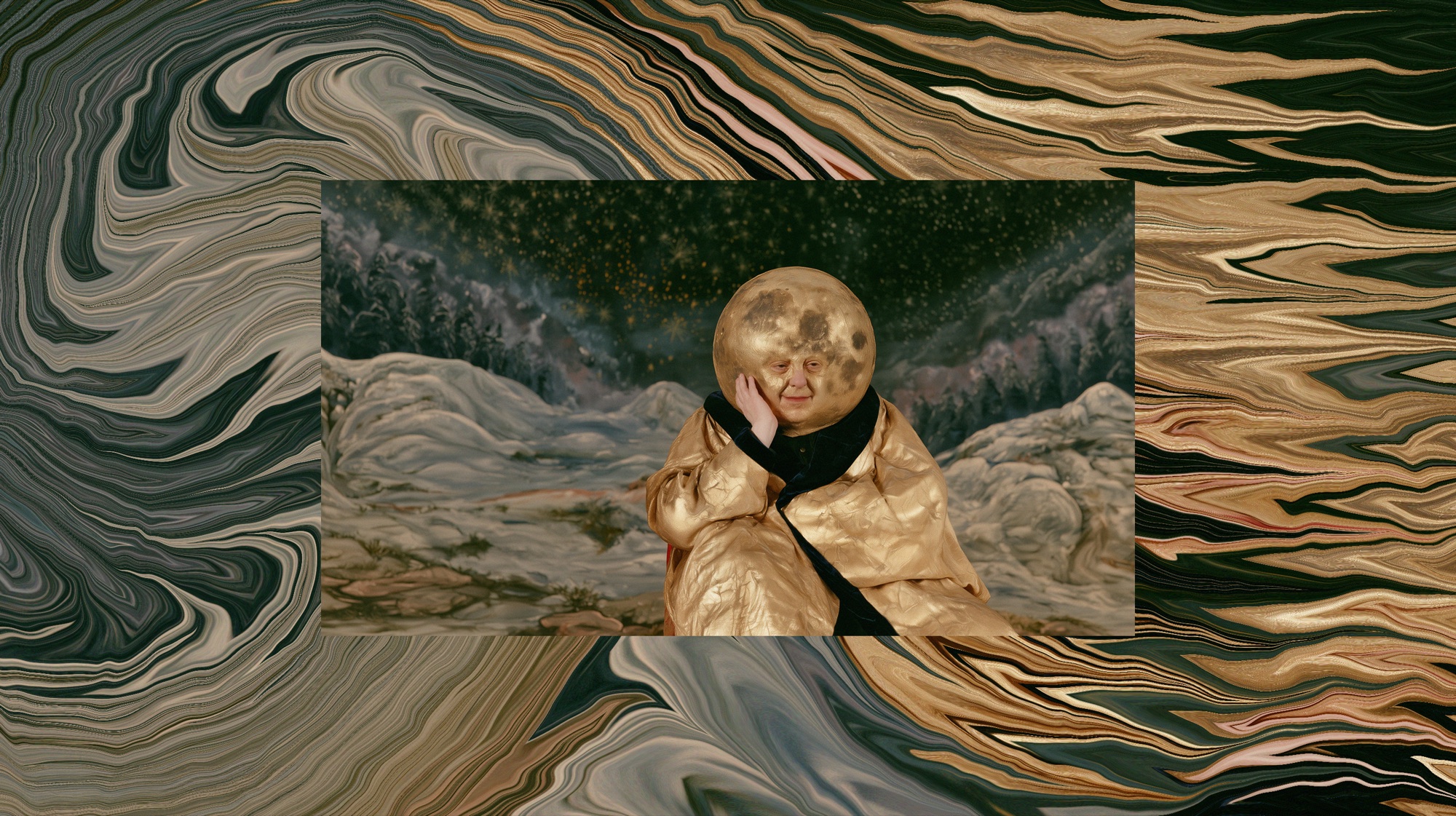 Moonman als Bild im Bild, umgeben von einer Marmorierung in Gold, Grün und Grau